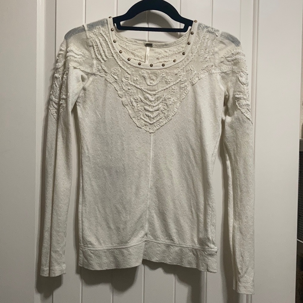 Free People XS Embroidered Beaded Long Sleeve in Cream / White Shirt